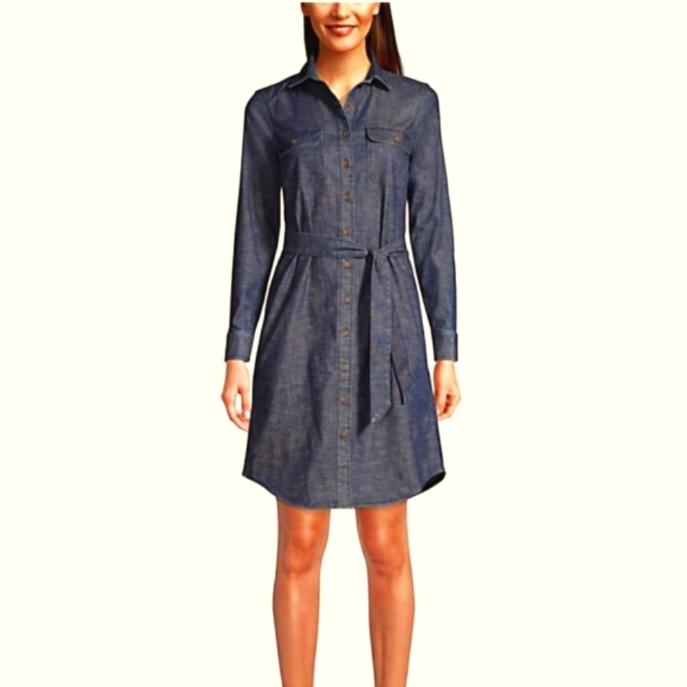 Lands' End Dark-Wash Belted Long-sleeved Denim Above-knee Classic Shirtdress 6/8